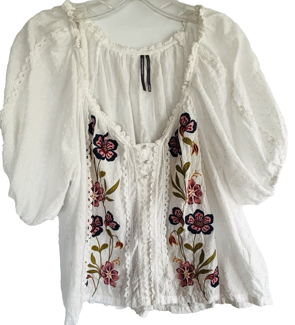 Anthropologie Blouse Womens L White Embroidered Lace Flutter Boho Top Cotton